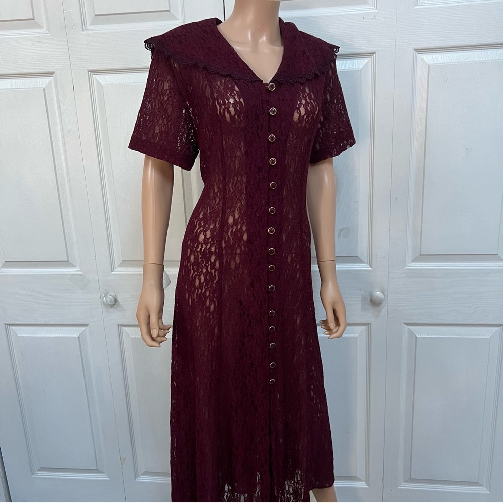 VTG Burgundy Lace Button-Down Long Dress Size L Short Sleeve - Picture 15 of 16